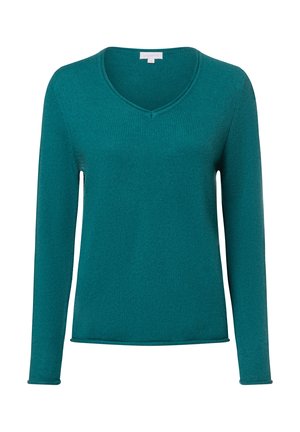 Türkis gestreifter Strickpullover mit V-Ausschnitt, langen Ärmeln und figurbetontem Design. Weiche Textur mit glatter Oberfläche. Keine Muster oder Akzente.