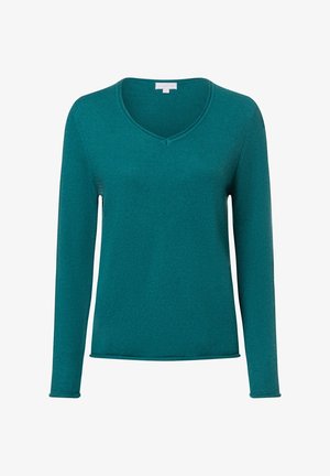 Türkis gestreifter Strickpullover mit V-Ausschnitt, langen Ärmeln und figurbetontem Design. Weiche Textur mit glatter Oberfläche. Keine Muster oder Akzente.