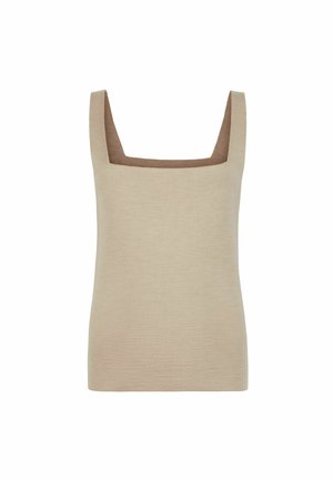 Beige Tanktop mit quadratischem Ausschnitt, gefertigt aus strukturiertem Strickstoff, mit kontrastierendem braunem Innenbesatz und breiten Schulterträgern.
