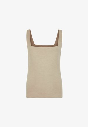 Beige Tanktop mit quadratischem Ausschnitt, gefertigt aus strukturiertem Strickstoff, mit kontrastierendem braunem Innenbesatz und breiten Schulterträgern.