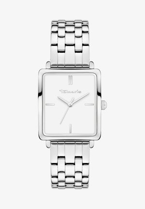 Sølv rektangulær ur med en hvid skive, metalledsmedsbånd, enkle timemarkører og en krone på siden. Logoet er vist på urskiven.