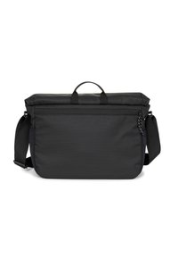 Borsa a tracolla nera con design a roll-top, realizzata in tessuto resistente. Include una maniglia superiore, una tracolla regolabile e una tasca con cerniera.