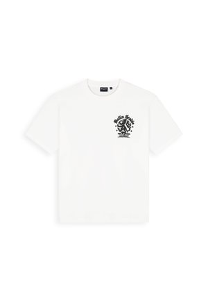 White short-sleeve T-shirt with round neck and small black graphic design on the left chest area.