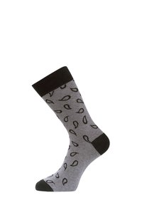 Chaussettes grises avec un revers noir, présentant un motif en forme de goutte d'eau noir. Fabriquées dans un tissu doux avec une forme de chaussette standard.