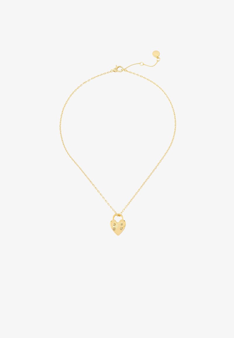 Gold chain necklace featuring a heart-shaped pendant with three decorative stones and a clasp, designed with a delicate, textured link chain.