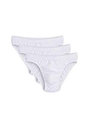 Tre slip bianchi in cotone impilati, con elastici in vita e design semplice su uno sfondo bianco uniforme.