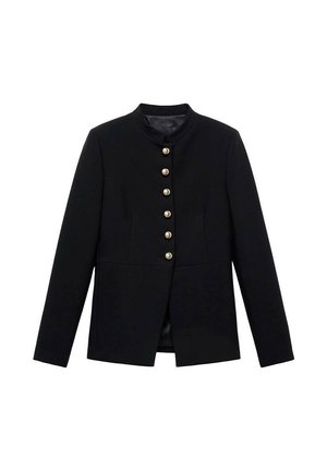 Black jacket with a high collar, featuring seven gold buttons down the front, close-fitting design, smooth texture, and tailored silhouette.