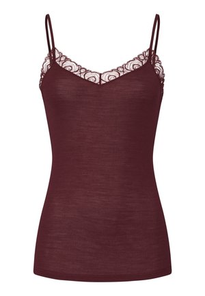 Bordeaux camisole met dunne bandjes, voorzien van een kantafwerking bij de halslijn. De stof heeft een geribbelde textuur.