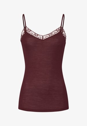 Bordeaux camisole met dunne bandjes, voorzien van een kantafwerking bij de halslijn. De stof heeft een geribbelde textuur.