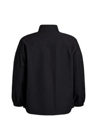 Schwarze Jacke mit lockerer Passform, hohem Kragen, langen Ärmeln mit elastischen Bündchen und einer glatten, matten Textur.