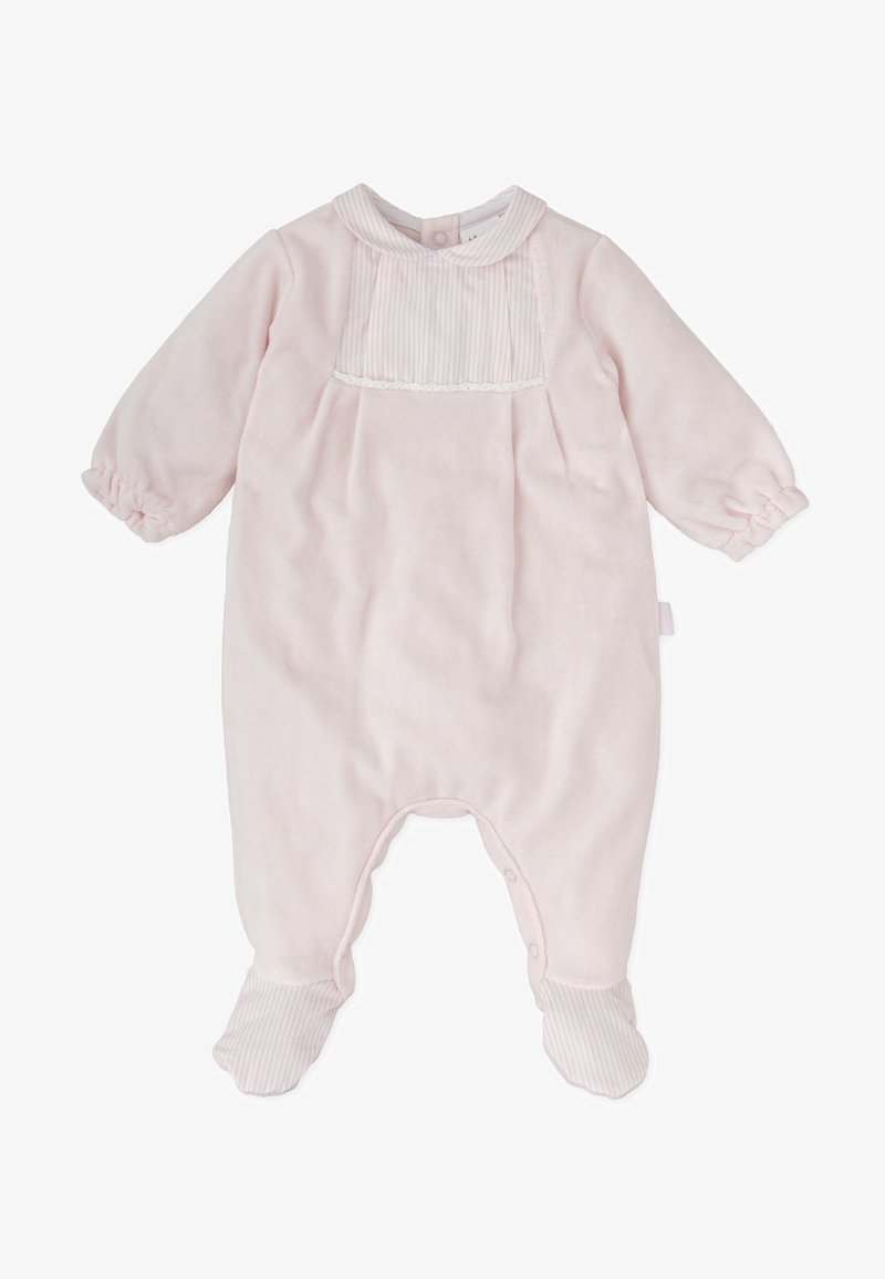 Body de bebé color rosa claro, hecho de una tela suave, con un panel a rayas en el pecho, mangas elásticas y cierre de botones en la parte posterior.