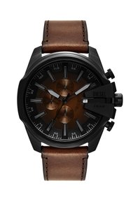 Men’s analog wristwatch with black case, brown gradient dial with three subdials, date display, and brown leather strap.
