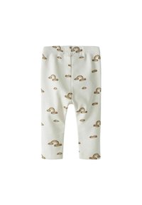 Kergedest beebipüksid heledas kreemis. Omab korduvat mustrit pruunidest pilvedest ja vikerkaartest. Elastne vöökoht, voolav disain.