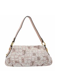 Borsa in tessuto rosa con motivi di testo bianchi e marroni, manico in pelle liscia, dettagli in metallo dorato e forma morbida e strutturata.