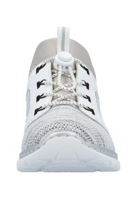 White athletic shoe with a textured mesh upper, metallic accents, elastic laces, and a rounded toe design. Features a pull tab at the heel.