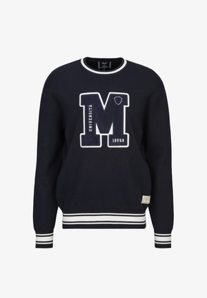 Marineblauer Rundhalspullover mit weißen Streifen an Bündchen und Saum, vorne mit großem strukturiertem "M" und dem Schriftzug "UNIVERSITÁ 19V69".