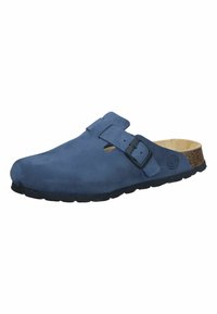 Blue suede slip-on clog with a black adjustable buckle, rounded toe, and cork footbed, featuring a textured black rubber outsole.