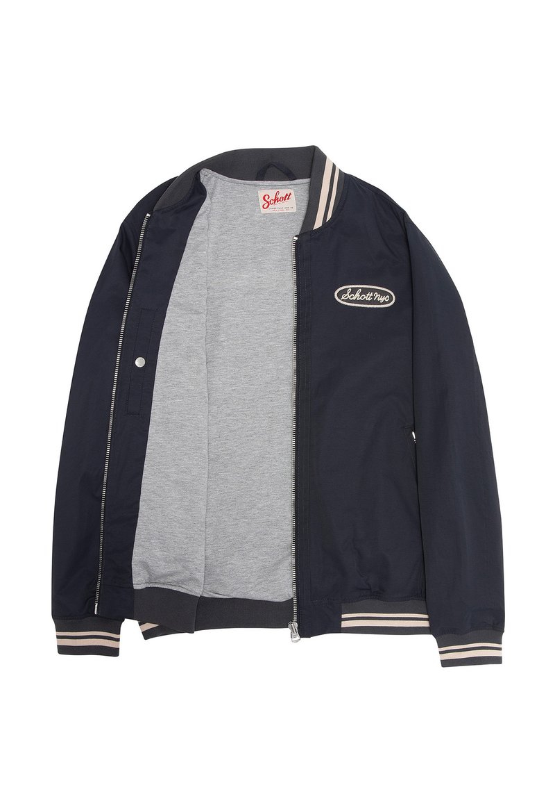 Marineblaues Bomberjacke mit Reißverschluss vorne, grauem Innenfutter, gerippten Bündchen und Saum sowie einem gestickten Logo-Patch auf der linken Brust.
