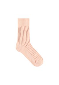 Calcetín de algodón rosa con textura de canalé vertical, de longitud media hasta la pantorrilla, y con puntera y talón reforzados para mayor durabilidad. Material suave y elástico.