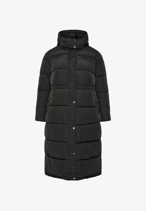 Czarna puchowa kurtka z wysokim kołnierzem, z poziomym pikowaniem, napami i długimi rękawami. Lekki materiał o gładkiej fakturze.