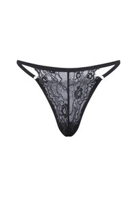 String en dentelle noire avec motifs floraux, fines bretelles et texture transparente. Comprend de petits accents métalliques argentés.