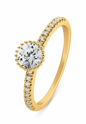 Gold ring with a large round central diamond surrounded by smaller diamonds set along the band.