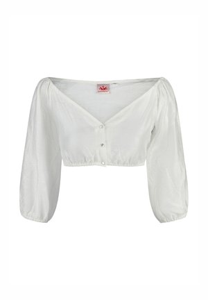 Blouse blanche courte avec de longues manches bouffantes, décolleté en V et trois boutons en perles à l'avant. Fabriquée en tissu léger et texturé.