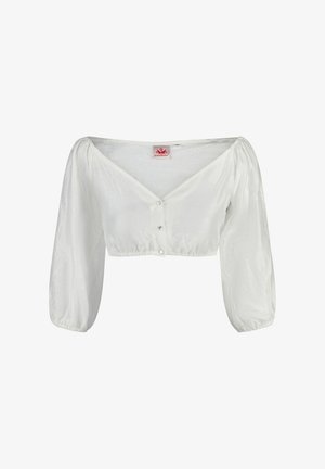 Weiße, kurze Bluse mit langen, gepufften Ärmeln, V-Ausschnitt und drei Perlenknöpfen vorne. Hergestellt aus leichtem, strukturiertem Stoff.