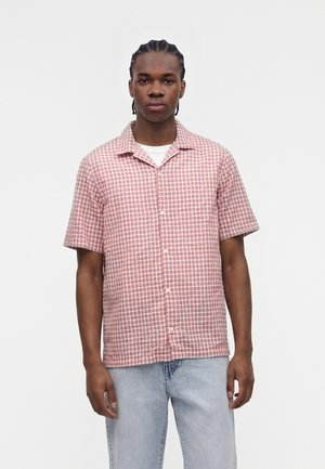 Νέος άνδρας με πλεξούδες, φορώντας κόκκινο και άσπρο καρό πουκάμισο με κοντά μανίκια και ανοιχτό μπλε τζιν, στέκεται μπροστά σε απλό φόντο.