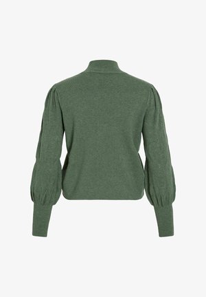 Roheline kootud sviiter kõrge kaeluse ja puhvpluusidega. Pluusidel on tekstuuriline teemantmuster. Pehme, kerge kangas.