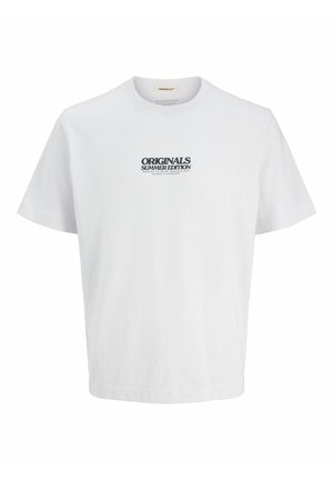 White cotton t-shirt with short sleeves, round neckline, and printed text “ORIGINALS SUMMER EDITION” in black on the front.