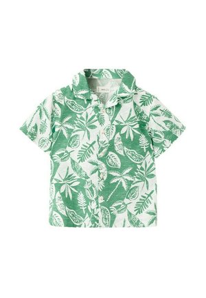 Kinderblouse met korte mouwen in groen en wit, met knopen en een tropische print van bladeren en palmbomen.