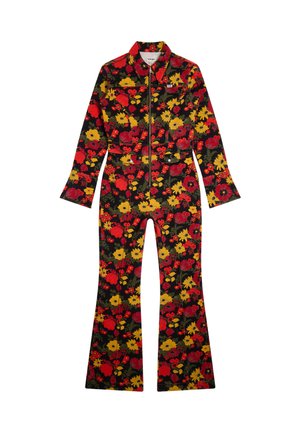 Μαύρη ολόσωμη φόρμα με μακριά μανίκια και κόκκινο και κίτρινο λουλουδένιο σχέδιο, μπροστινό φερμουάρ, γιακά και φαρδιά μπατζάκια.