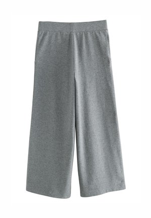 Graue, leichte, verkürzte Hosen aus weichem Stoff, mit einem elastischen Bund und einer lockeren Passform, jedoch ohne Taschen.