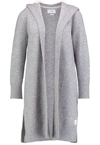 Grå stickad cardigan med huva, öppen front, långa ärmar, ribbade muddar och sidofårar. Tillverkad av mjukt tyg, med en etikett vid fållen.