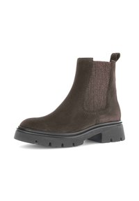 Brown suede ankle boot with elastic side panels, a thick black rubber sole, and a pull tab at the back. Textured accents on the sides.