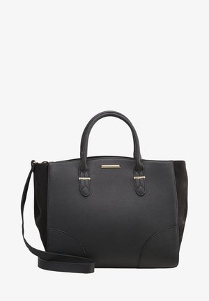 Bolso estructurado negro con doble asa superior, correa de hombro desmontable, herrajes dorados y acabado texturizado sutil.