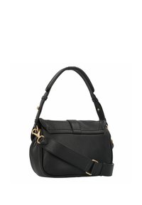 Borsa a mano in pelle nera con forma strutturata, dotata di manico superiore e tracolla regolabile. Gli accessori in metallo dorato arricchiscono il design.