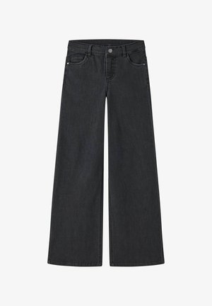 Jeans noirs à jambes larges avec poches avant, passants de ceinture et fermeture par bouton à la taille, présentés sur fond blanc.
