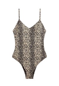 Jednoczęściowy strój kąpielowy z cienkimi ramiączkami w beżowy i czarny wzór skóry węża.