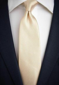 Beige texturerat slips med ett vävt mönster, knuten och placerad mot en vit skjorta och en mörk marinblå kavaj.