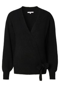 Czarny sweter z długim rękawem, związywany z boku w talii, z głębokim dekoltem w kształcie litery V oraz prążkowanymi mankietami i dołem.