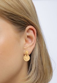 Guldtonade metalörhängen med en texturerad yta, som har en liten cirkulär stud och en större, hamrad cirkulär droppe nedanför.