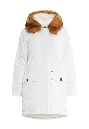 Jachetă albă cu glugă căptușită cu blană în nuanțe de maron, având două buzunare frontale, accesorii cu finisaj auriu și închidere prin fermoar.