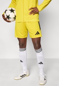 Κίτρινη στολή ποδοσφαίρου με μαύρες λεπτομέρειες, που αποτελείται από ζακέτα με φερμουάρ, σορτς και λευκές κάλτσες με μαύρες ρίγες. Ο παίκτης κρατάει μια μπάλα ποδοσφαίρου με σχέδια.