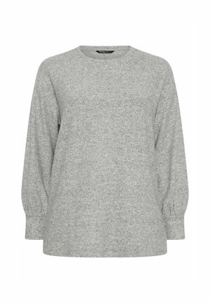 Vaaleanharmaa pitkähihaisen neulepaita, jossa on pyöreä pääntie ja joustavat hihansuut, valmistettu pehmeästä, teksturoidusta neuloskankaasta.