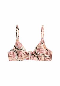 Haut de bikini à imprimé floral avec une base rose et des motifs noirs, bleus et bordeaux. Il possède des bretelles réglables et un détail froncé à l'avant.