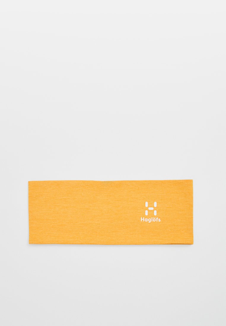 Cinta amarilla con un tejido texturizado y un logo blanco "H" en el lado izquierdo, diseño plano adecuado para actividades al aire libre.