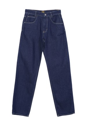 Dunkelblaue Jeans mit geradem Bein, Fünf-Taschen-Design, Knopf- und Reißverschluss sowie kontrastierenden weißen Nähten.