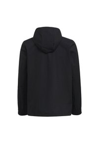 Černá kapucňová bunda s elastickými manžetami a hladkou, matnou texturou. Jednoduchý design, žádné viditelné vzory ani detaily hardwaru na zadní straně.